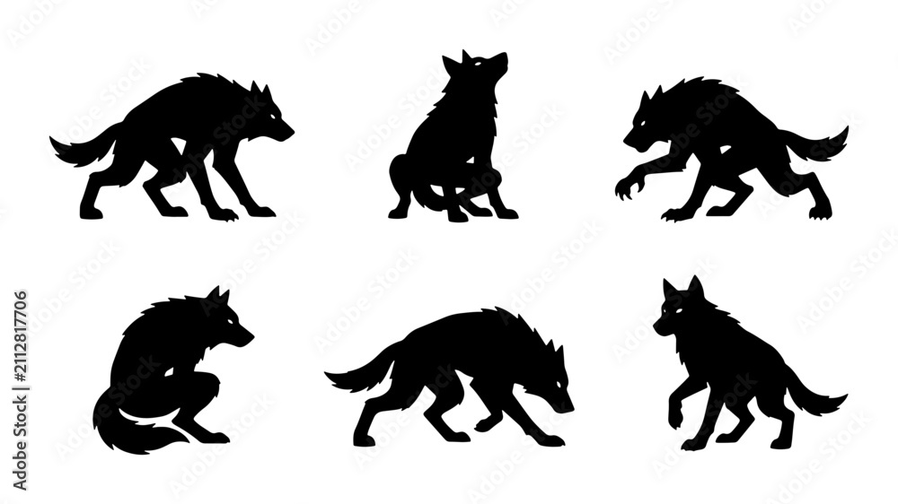 Obraz premium Wolf Silhouettes Set, Wild Animal Poses Vector Pack, Nature Wildlife Graphic Elements