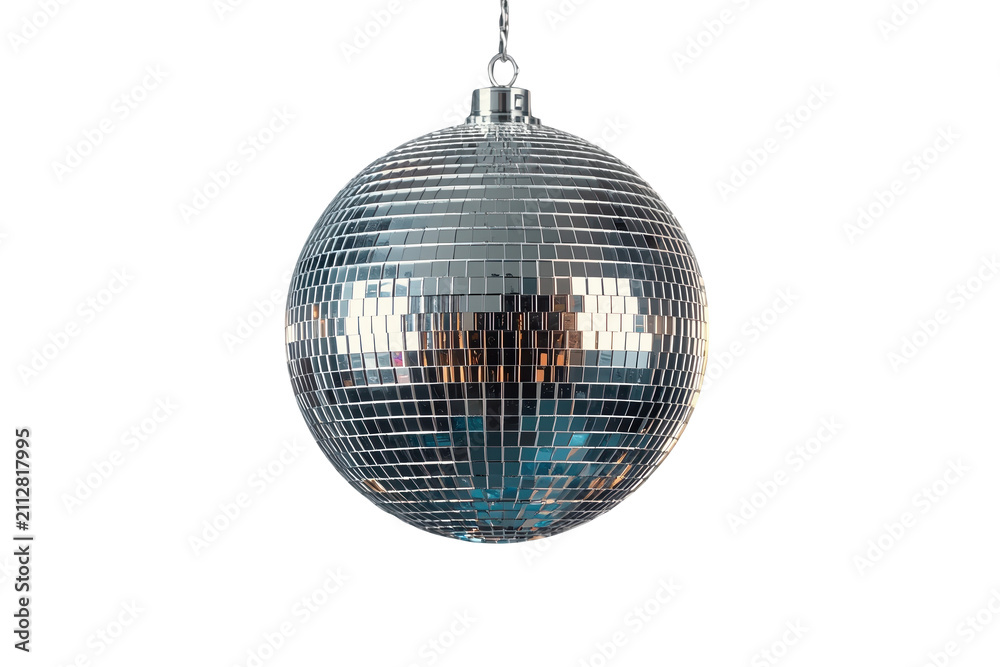 Fototapeta premium Silver mirrored disco ball hanging from a metal chain