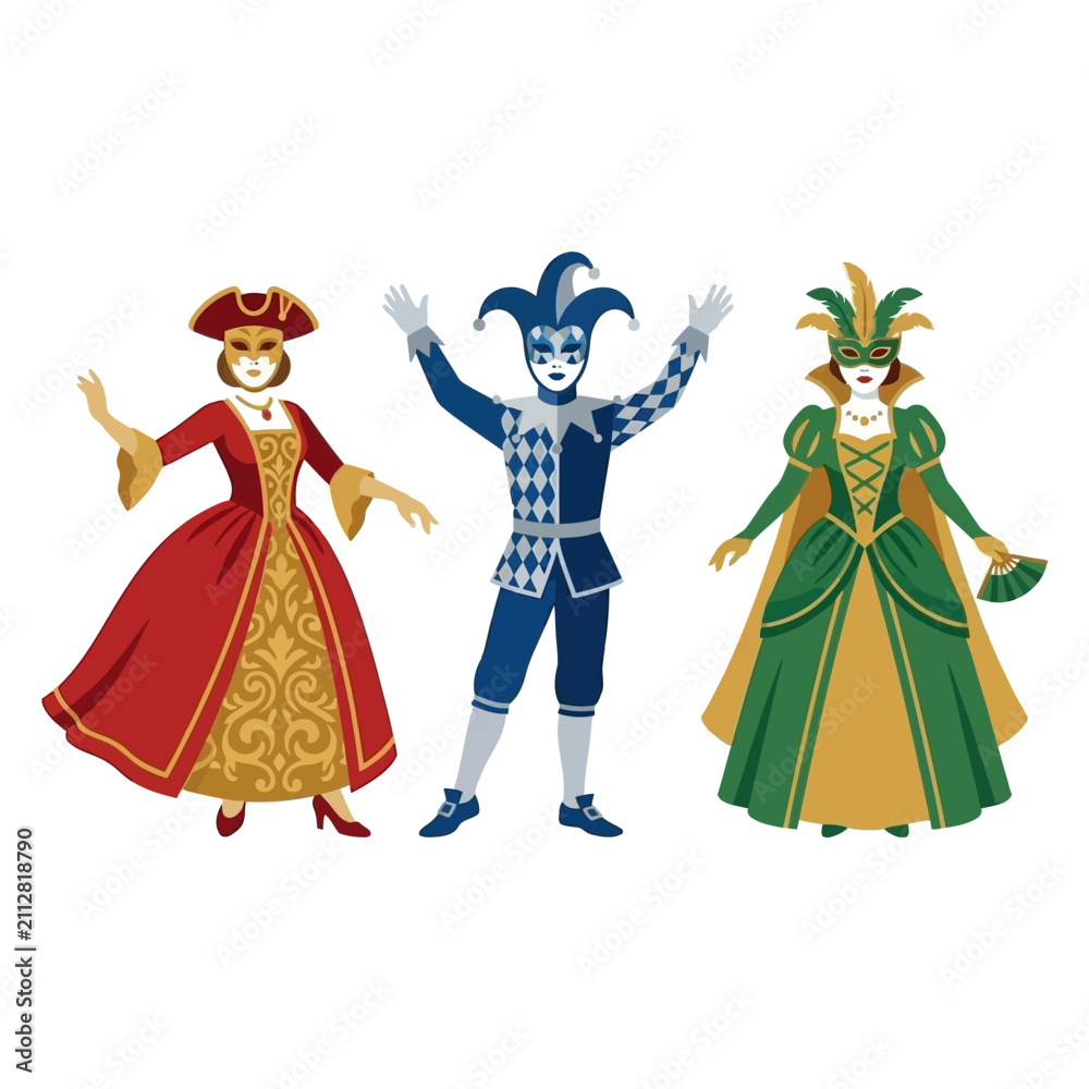 Obraz premium A trio of colorful characters in elaborate Venetian carnival costumes