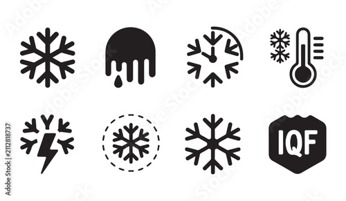 Fotografie Cold and freeze icons set, snowflake, melting ice, temperature, and individual quick frozen symbols