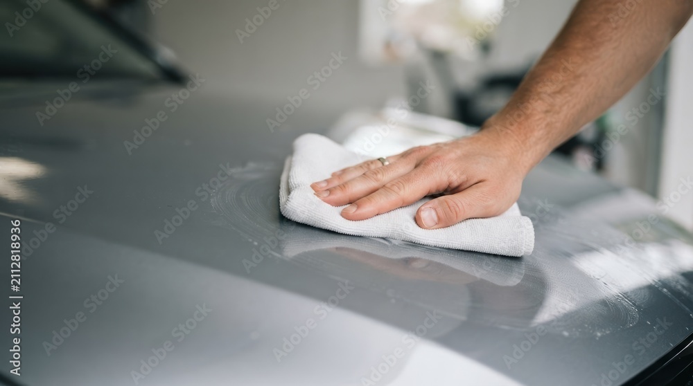 Fototapeta premium Man detailing and polishing a grey car with a white microfiber cloth in a garage for vehicle maintenance