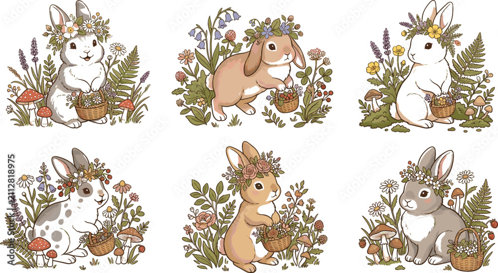Obraz premium Cute Easter Bunny Vector Character Set Featuring Hand Drawn Cottontail Rabbits Wearing Flower Crowns and Holding Foraging Baskets in Woodland Forests
