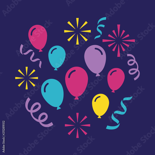 Colorful party balloons and festive confetti elements arranged in a playful celebration pattern