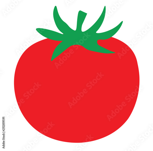 A simple, stylized illustration of a ripe red tomato with a green stem and leaves.