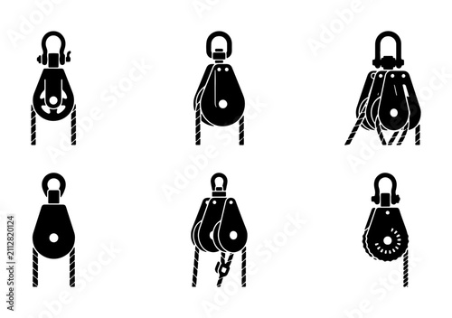 фотографія Pulley System Icons, Mechanical Lifting Devices, Engineering Hardware Vector Set