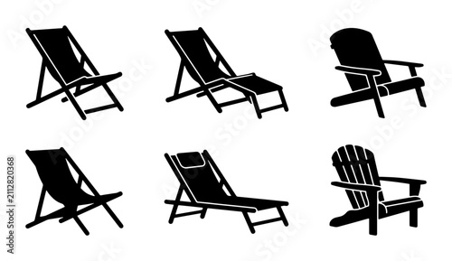 Fotografie Outdoor Deck Chairs, Beach Loungers, Patio Furniture Icons Set, Black Silhouette