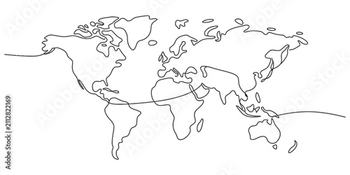 Continuous single line drawing of the world map