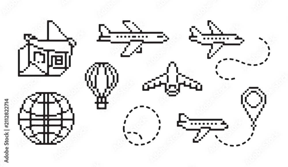 Obraz premium Pixelated travel elements featuring airplanes globe hot air balloon map and destination pin with flight paths.