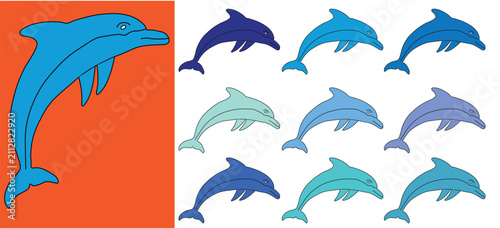 Konstfotografi Dolphin vector icons set, colorful marine animal silhouettes in blue and teal, a