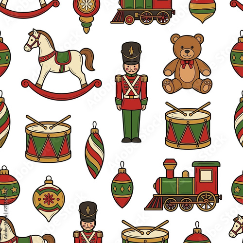 Vintage style Christmas toys and ornaments arranged in a festive seamless pattern