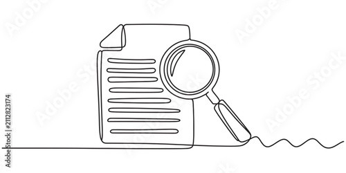 Continuous one line drawing of a document and a magnifying glass