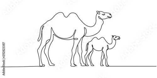 Continuous single line drawing of a mother camel and her baby calf