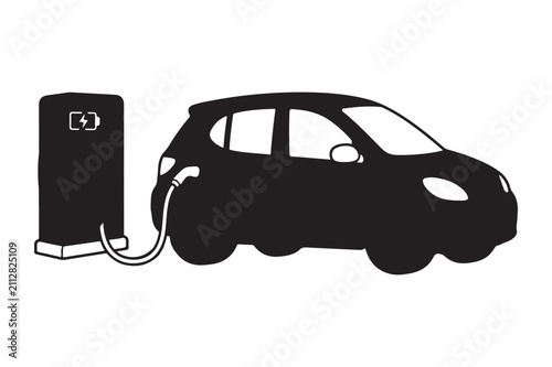Simple black icon showing an electric car connected to a charging station for power supply.