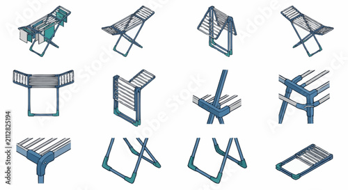 Collection of various folding chair designs in blue line art style.