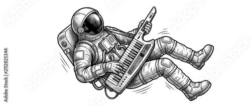 Cuadro en lienzo Astronaut playing a keyboard in zero gravity, ink sketch