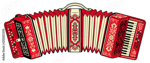 Bild auf Leinwand Decorative Folk Accordion with Ornate Red Design