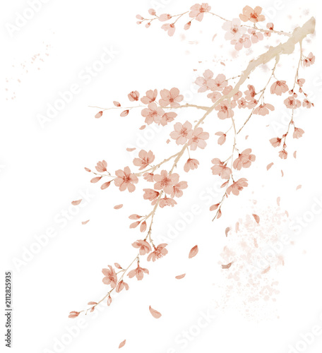 Blooming Plum Blossom Branch with Artistic Ink Wash Background