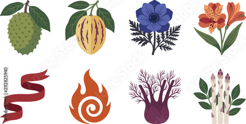 Foto Organic Fruits and Vegetables Vector Set Featuring Soursop, Pepino Melon, Fennel