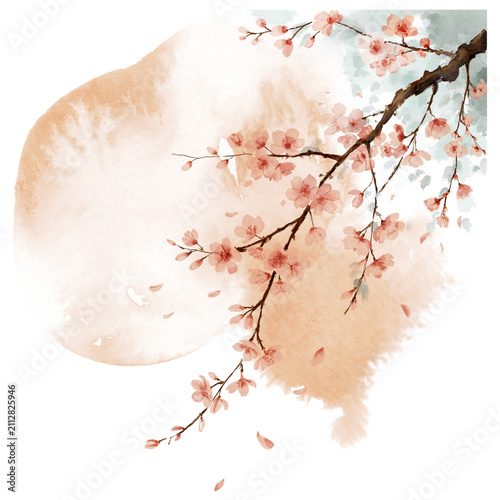 Blooming Plum Blossom Branch with Artistic Ink Wash Background
