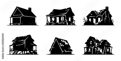 Dilapidated Houses Vector Set, Rural Abandoned Buildings, Crumbling Architecture Silhouettes