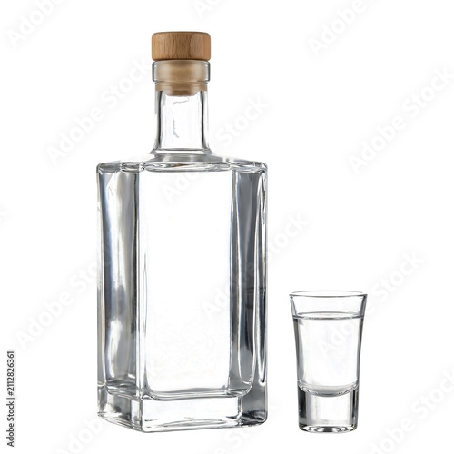 Glass liquor bottle and shot glass as isolated object