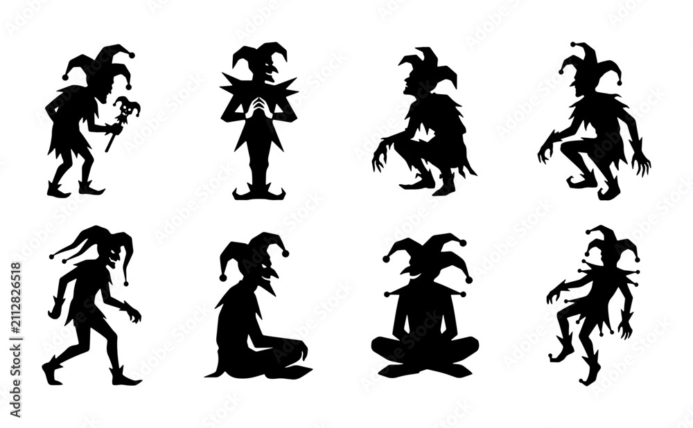 Obraz premium Jester Silhouette Collection, Medieval Court Entertainer Icons, Carnival Performer Vector Set