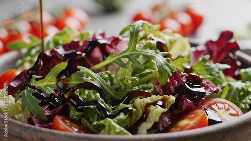 Pouring dark dressing over fresh green salad with tomatoes
