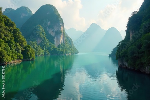 Serene Vista of Verdant Cliffs and Tranquil Azure Waters Reflecting a Peaceful Sky
