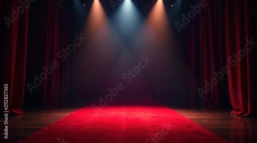 A Dramatic Stage Setting with Red Carpet and Spotlights Ready for a Grand Event