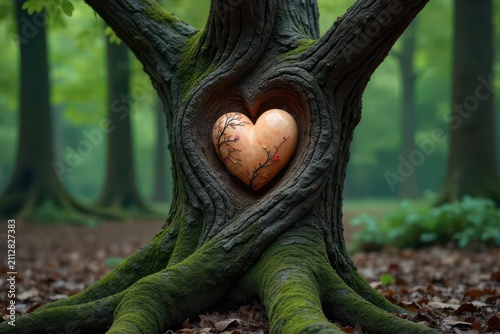 Heart-Shaped Carving in Ancient Tree Trunk, Enveloped by Mossy Roots, Nature's Embrace