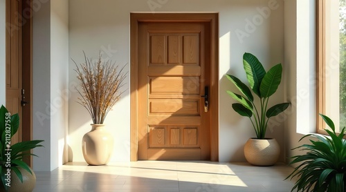 Sunlit Entryway with Wooden Door, Potted Plants, and Beige Vases