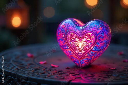 Illuminated Heart-Shaped Ornament Glowing with Intricate Design on a Dark Table