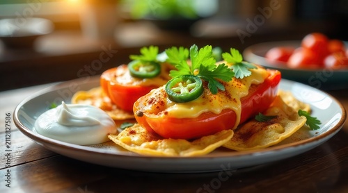 Delicious cheesy peppers on crispy tortilla chips with creamy sauce and fresh herbs