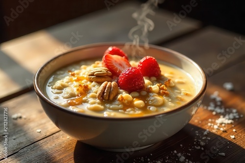 Warm Creamy Porridge with Sweet Berries and Toasted Pecans, a Delicious and Nutritious Breakfast