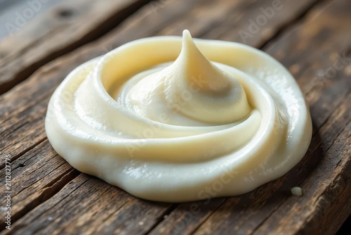 Creamy Swirl of Delicate White Sauce on Rustic Wooden Surface