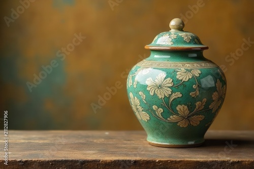 Elegant Teal Ceramic Jar with Delicate Floral Design on Rustic Wooden Surface