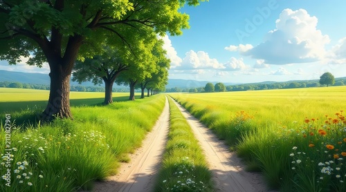 Serene Summer Countryside A sun-drenched dirt road meanders through a vibrant, blossoming field, flanked by majestic trees casting gentle shadows.