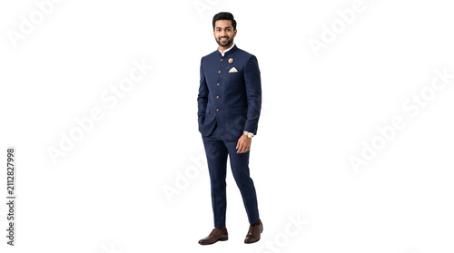 Elegant Indian man in navy blue bandhgala suit, handsome groom in traditional ethnic wedding attire, formal Jodhpuri suit for festive celebrations isolated PNG with Transparent Background