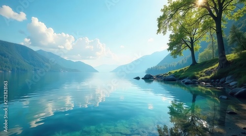 Serene Lakeside Vista Tranquil Waters Reflecting Majestic Mountains Under a Sunny Sky, Bestowing a Sense of Peaceful Serenity