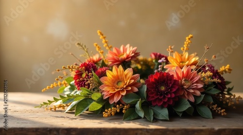 Autumnal Floral Wreath on Rustic Wooden Surface A Stunning Display of Warm-Toned Blooms in Golden Sunlight