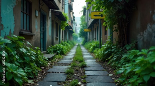 Overgrown Alleyway Path A Serene, Tranquil, and Slightly Mysterious Passage Between Aged Buildings