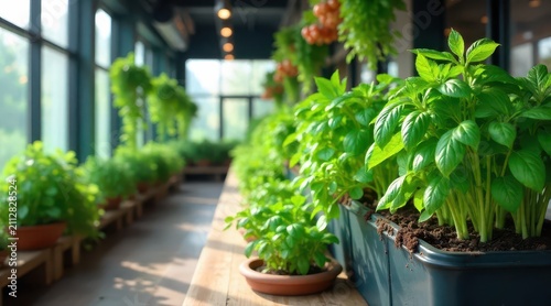 Sunlit Greenhouse Filled with Vibrant, Lush Green Herbs Growing in Planters on Wooden Bench