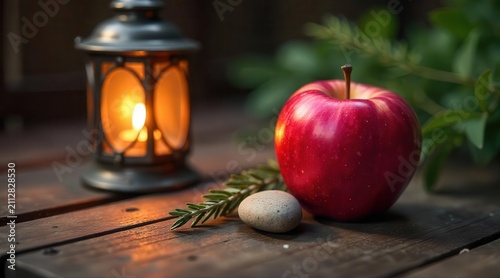 A glowing lantern illuminates a red apple and smooth stone, nestled amidst greenery on rustic wood