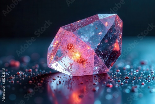 A luminous gemstone, multifaceted and radiant, rests on a dark reflective surface, scattered with shimmering particles, creating a captivating interplay of light and shadow.