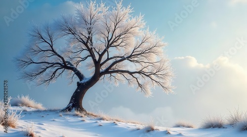 A solitary frost-covered tree stands gracefully on a snow-dusted hill under a serene winter sky, its branches reaching towards the soft light.