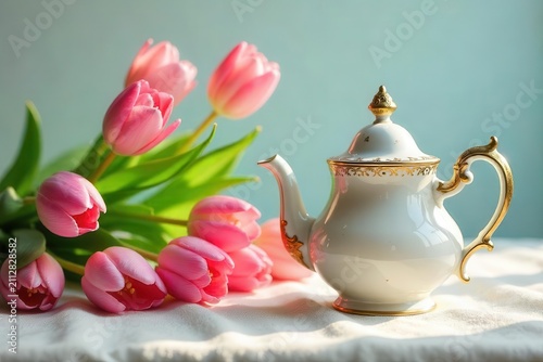 A delicate porcelain teapot with gold accents rests beside a vibrant bouquet of pink tulips, bathed in soft sunlight on a light-colored fabric surface.