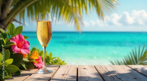 Relaxing Tropical Getaway A Glass of Sparkling Wine by the Ocean with Vibrant Hibiscus Flowers on a Wooden Deck