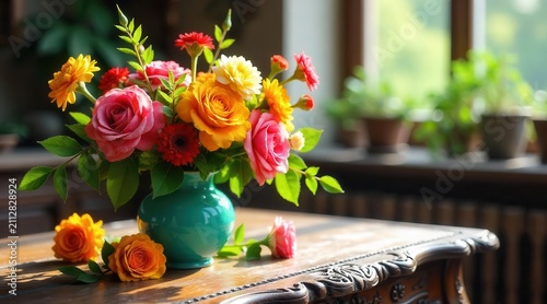 Vibrant floral arrangement in teal vase, adorning an antique wooden table bathed in sunlight