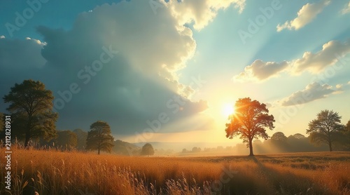 Golden Hour Serenity A picturesque landscape of a sunlit meadow, silhouetted trees, and a dramatic sky filled with fluffy clouds at dawn or dusk.