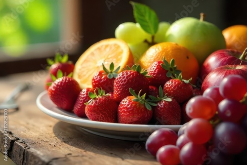 A delightful arrangement of fresh strawberries, oranges, apples, and grapes on a rustic wooden surface, bathed in warm sunlight, presents a vibrant and healthy snack.